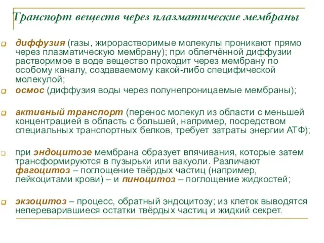 Транспорт веществ через плазматические мембраны диффузия (газы, жирорастворимые молекулы проникают прямо через