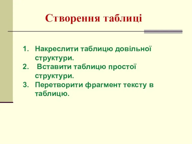 Створення таблиці Накреслити таблицю довільної структури. Вставити таблицю простої структури. Перетворити фрагмент тексту в таблицю.