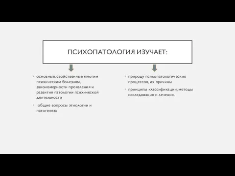 ПСИХОПАТОЛОГИЯ ИЗУЧАЕТ: основные, свойственные многим психическим болезням, закономерности проявления и развития патологии