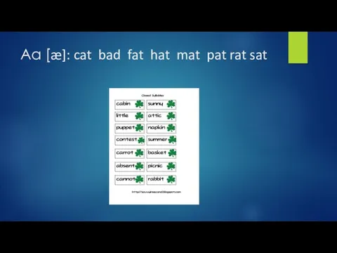 Aa [æ]: cat bad fat hat mat pat rat sat