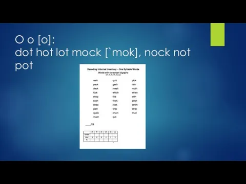 O o [o]: dot hot lot mock [`mok], nock not pot