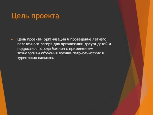 Цель проекта Цель проекта- организация и проведение летнего палаточного лагеря для организации