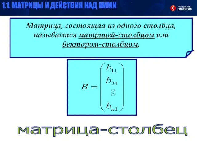 Матрица, состоящая из одного столбца, называется матрицей-столбцом или вектором-столбцом. матрица-столбец 1.1. МАТРИЦЫ И ДЕЙСТВИЯ НАД НИМИ