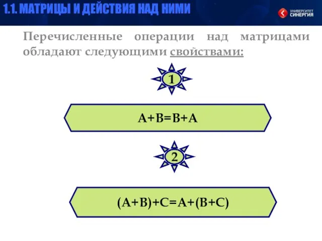 Перечисленные операции над матрицами обладают следующими свойствами: А+В=В+А (А+В)+С=А+(В+С) 1 2 1.1.