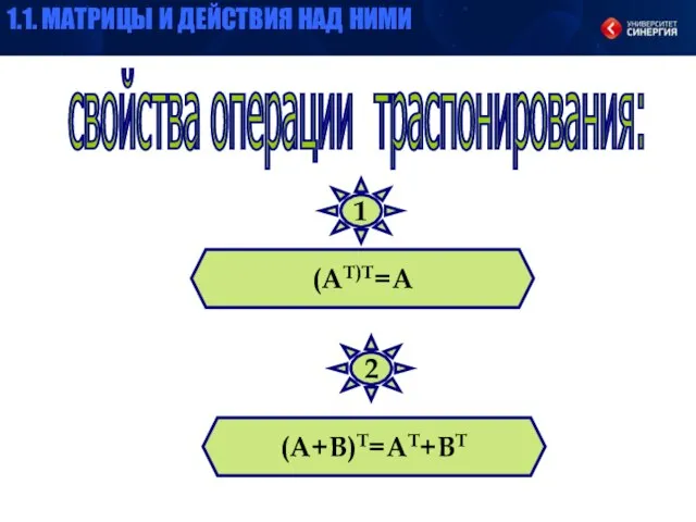 (АТ)Т=А (А+В)Т=АТ+ВТ свойства операции траспонирования: 1 2 1.1. МАТРИЦЫ И ДЕЙСТВИЯ НАД НИМИ