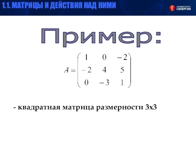 Пример: - квадратная матрица размерности 3х3 1.1. МАТРИЦЫ И ДЕЙСТВИЯ НАД НИМИ