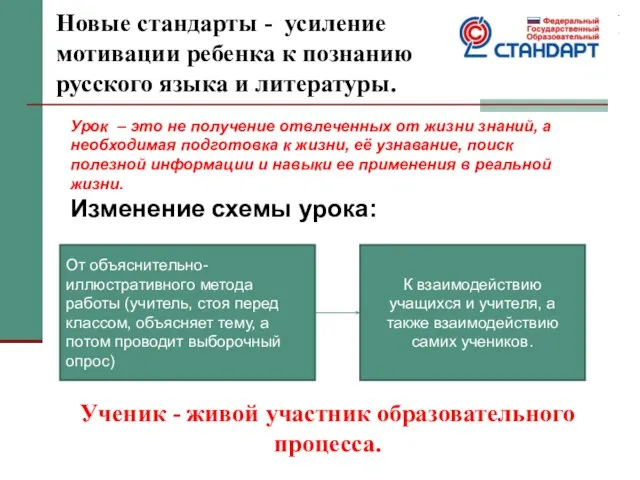 Новые стандарты - усиление мотивации ребенка к познанию русского языка и литературы.
