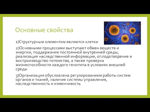 Основные свойства 1)Структурным элементом являются клетки 2)Основными процессами выступают обмен веществ и