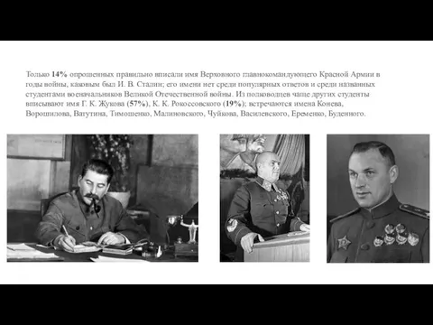Только 14% опрошенных правильно вписали имя Верховного главнокомандующего Красной Армии в годы