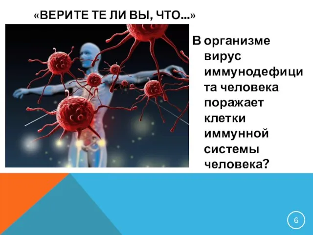 «ВЕРИТЕ ТЕ ЛИ ВЫ, ЧТО...» В организме вирус иммунодефицита человека поражает клетки иммунной системы человека?