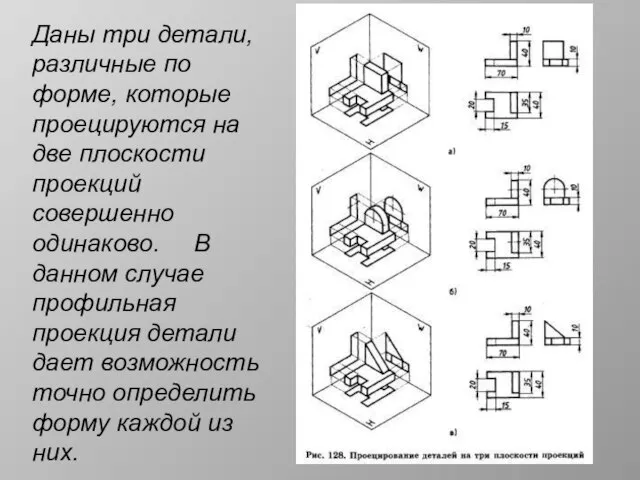 Даны три детали, различные по форме, которые проецируются на две плоскости проекций