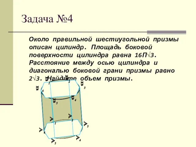 Задача №4 Около правильной шестиугольной призмы описан цилиндр. Площадь боковой поверхности цилиндра