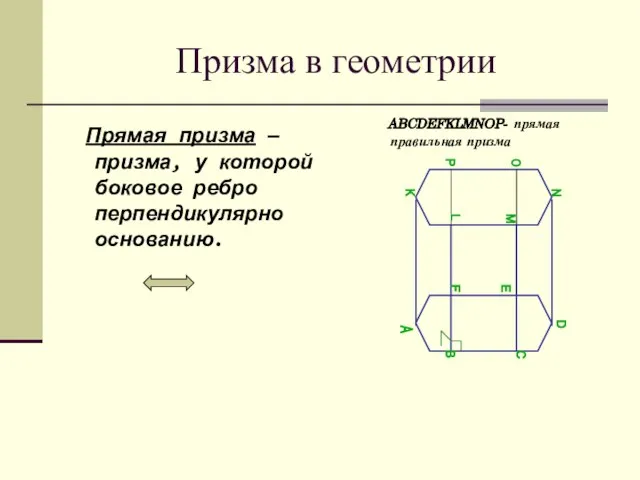 Призма в геометрии Прямая призма — призма, у которой боковое ребро перпендикулярно