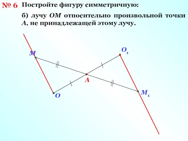 № 6 Постройте фигуру симметричную: б) лучу ОМ относительно произвольной точки А,