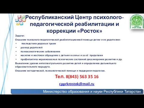 Министерство образования и науки Республики Татарстан Республиканский Центр психолого-педагогической реабилитации и коррекции