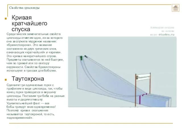 Кривая кратчайшего спуска Таутохрона Свойства циклоиды Среди многих замечательных свойств циклоиды отметим