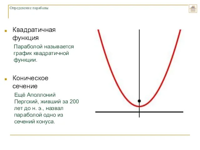 Определение параболы Квадратичная функция Коническое сечение Параболой называется график квадратичной функции. Ещё