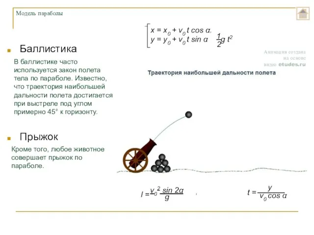 Модель параболы Баллистика Прыжок В баллистике часто используется закон полета тела по