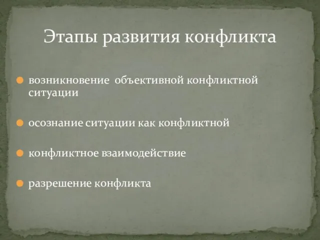 возникновение объективной конфликтной ситуации осознание ситуации как конфликтной конфликтное взаимодействие разрешение конфликта Этапы развития конфликта