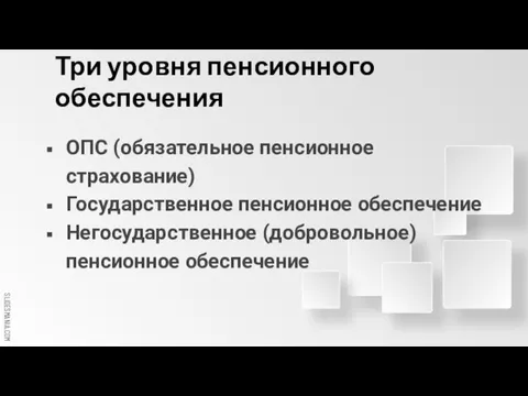 Три уровня пенсионного обеспечения ОПС (обязательное пенсионное страхование) Государственное пенсионное обеспечение Негосударственное (добровольное) пенсионное обеспечение