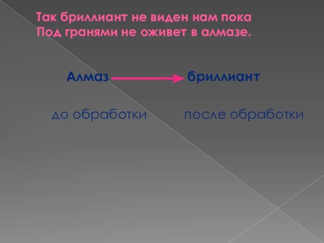 Так бриллиант не виден нам пока Под гранями не оживет в алмазе.