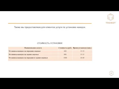 Также мы предоставляем для клиентов услуги по установке накидок. СТОИМОСТЬ УСТАНОВКИ: