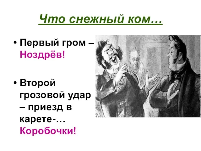 Что снежный ком… Первый гром – Ноздрёв! Второй грозовой удар – приезд в карете-… Коробочки!