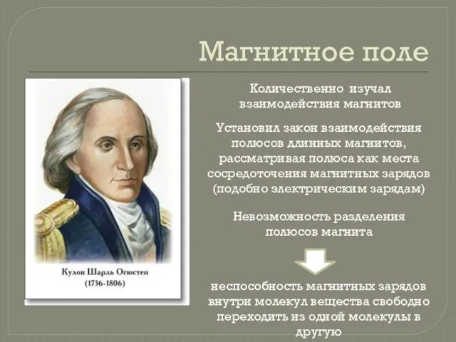 Магнитное поле Количественно изучал взаимодействия магнитов Установил закон взаимодействия полюсов длинных магнитов,