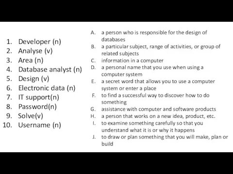 Developer (n) Analyse (v) Area (n) Database analyst (n) Design (v) Electronic