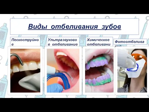 Виды отбеливания зубов Пескоструйное отбеливание Ультразвуковое отбеливание Химическое отбеливание Фотоотбеливание