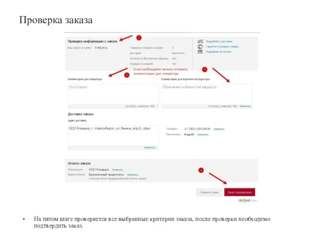 Проверка заказа На пятом шаге проверяется все выбранные критерии заказа, после проверки необходимо подтвердить заказ.