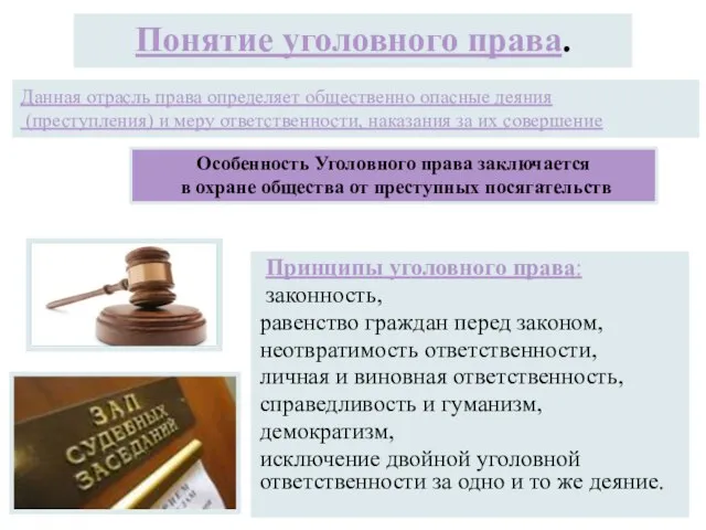 Принципы уголовного права: законность, равенство граждан перед законом, неотвратимость ответственности, личная и