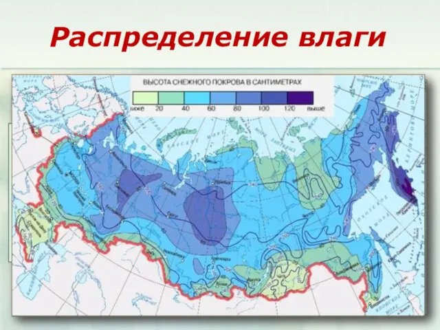 Распределение влаги Атмосферные осадки по территории России распределяются неравномерно: с запада на