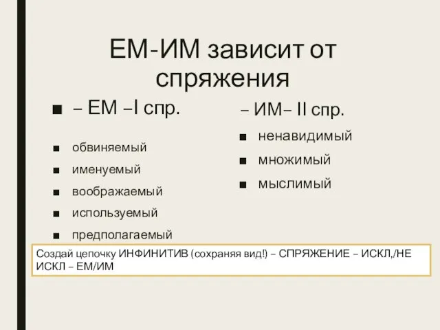 ЕМ-ИМ зависит от спряжения – ЕМ –I спр. обвиняемый именуемый воображаемый используемый