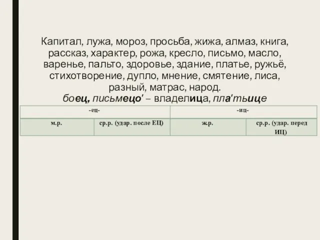 Капитал, лужа, мороз, просьба, жижа, алмаз, книга, рассказ, характер, рожа, кресло, письмо,