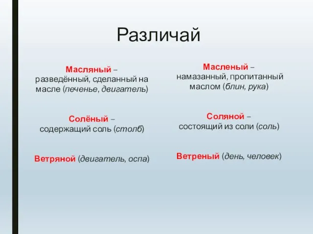 Различай Масляный – разведённый, сделанный на масле (печенье, двигатель) Солёный – содержащий