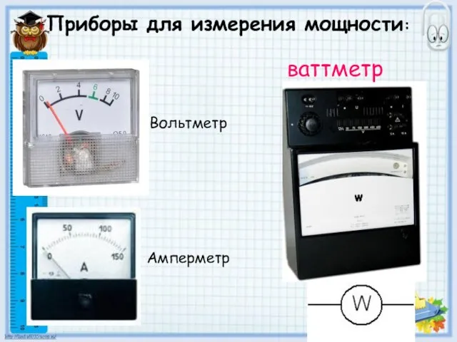 Приборы для измерения мощности: ваттметр Вольтметр Амперметр