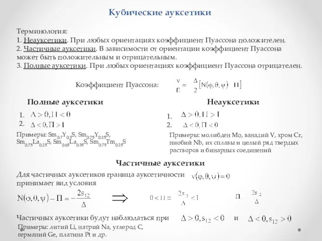 Кубические ауксетики Для частичных ауксетиков граница ауксетичности принимает вид условия Терминология: 1.