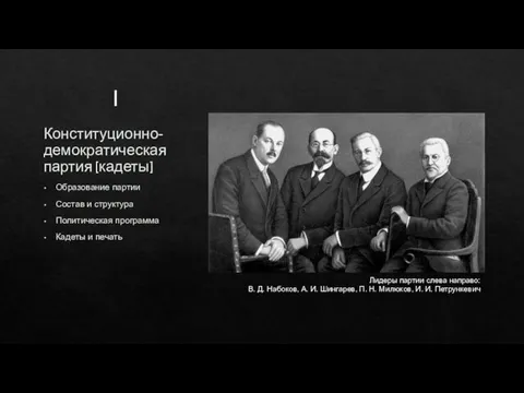 Конституционно-демократическая партия (кадеты) Образование партии Состав и структура Политическая программа Кадеты и