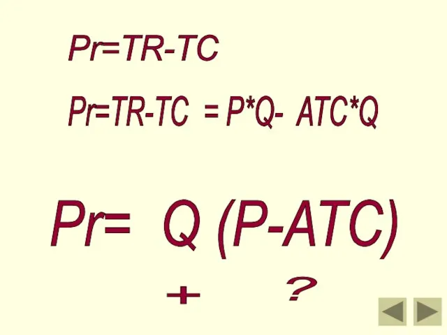 Pr=TR-TC Pr=TR-TC = P*Q- ATC*Q Pr= Q (P-ATC) + ?