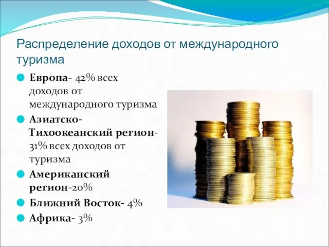 Распределение доходов от международного туризма Европа- 42% всех доходов от международного туризма