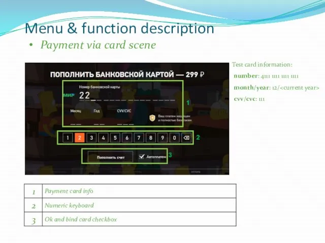 Menu & function description Payment via card scene 2 1 Test card