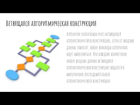 Ветвящаяся алгоритмическая конструкция Алгоритм реализован через ветвящуюся алгоритмическую конструкцию, если от входных