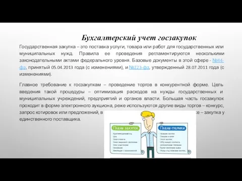 Бухгалтерский учет госзакупок Государственная закупка – это поставка услуги, товара или работ