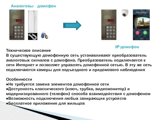 Аналоговый IP-домофон домофон Техническое описание В существующую домофонную сеть устанавливают преобразователь аналоговых