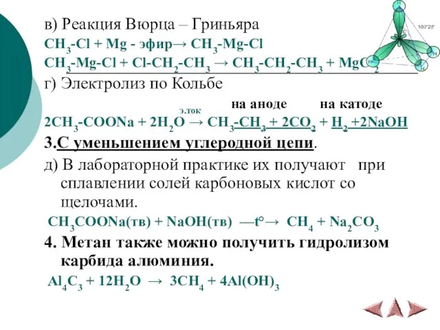 в) Реакция Вюрца – Гриньяра CH3-Cl + Mg - эфир→ CH3-Mg-Cl CH3-Mg-Cl