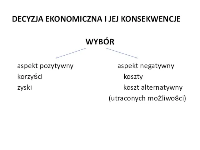 DECYZJA EKONOMICZNA I JEJ KONSEKWENCJE WYBÓR aspekt pozytywny aspekt negatywny korzyści koszty