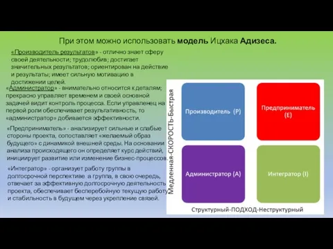 При этом можно использовать модель Ицхака Адизеса. «Производитель результатов» - отлично знает