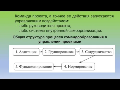 Команда проекта, а точнее ее действия запускаются управляющим воздействием: либо руководителя проекта,