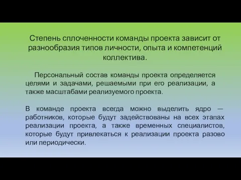 Степень сплоченности команды проекта зависит от разнообразия типов личности, опыта и компетенций